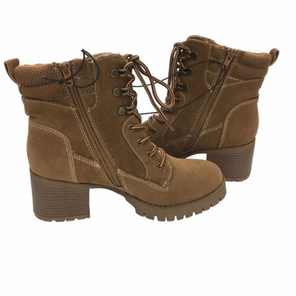 Chunky Heeled Boots Y2K 90s Lug Sole Women 7.5 M Lace Up Shearling Accent Zipper - Picture 11 of 14